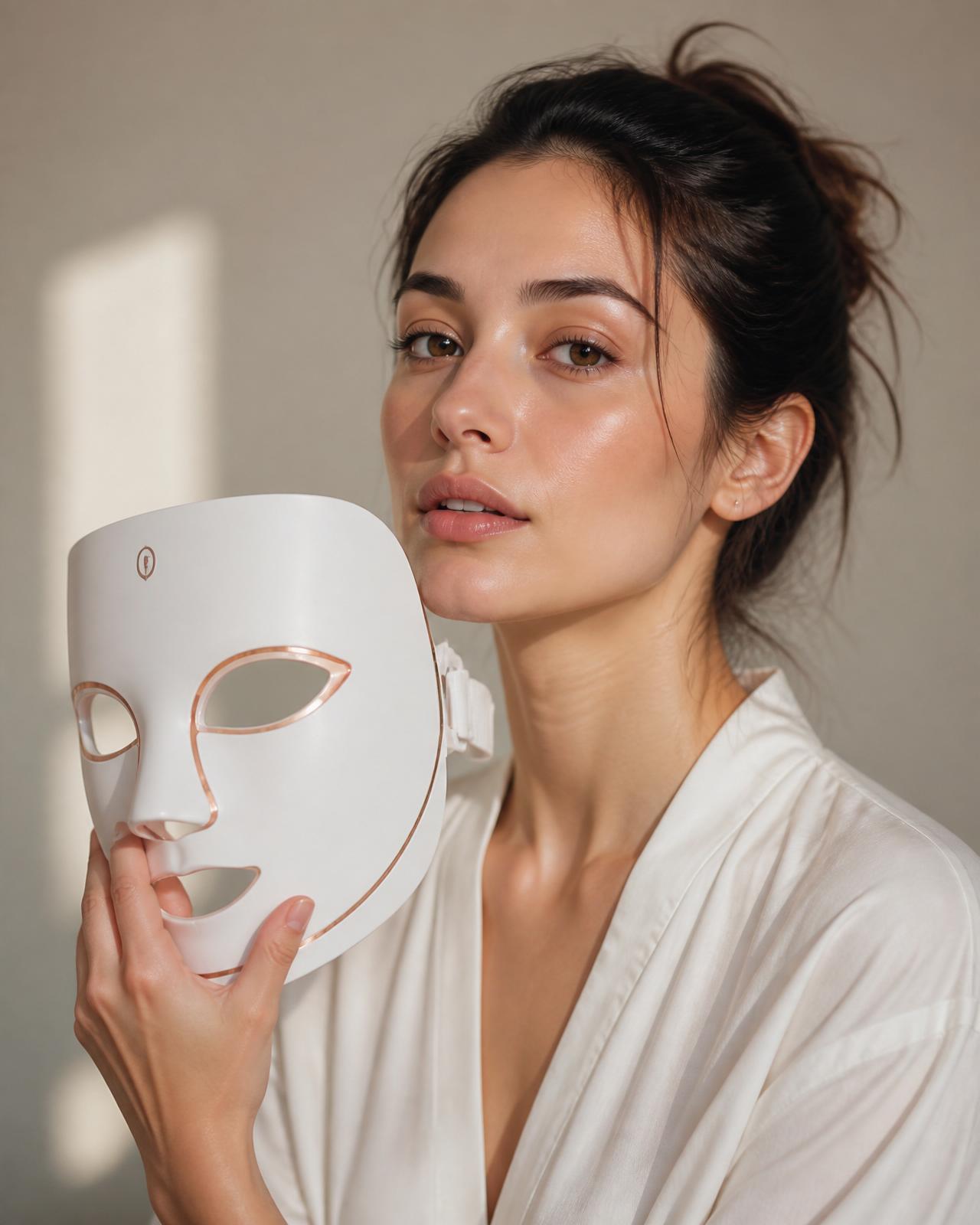 Mujer serena disfrutando de un ritual de autocuidado con máscara LED Lunea